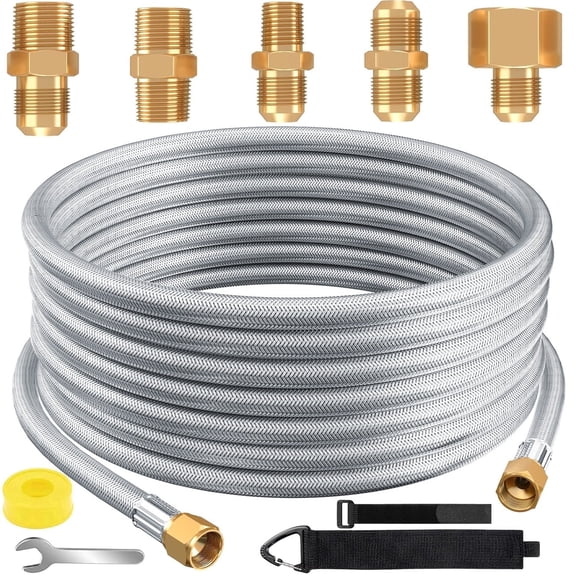 18FT Propane Hose Braided Propane Extension Hose with Conversion Coupling 3/8" Flare to 1/2" Female NPT, 1/4" Male NPT, 3/8" Ideal for Fire Pit,Heater, BBQ Grill