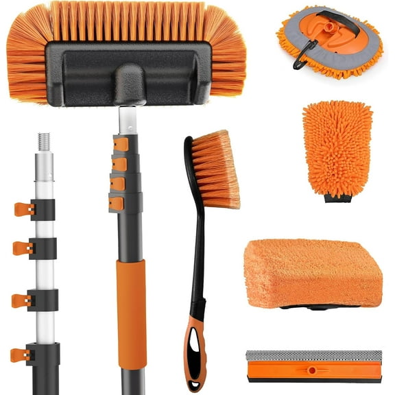 18FT Reach Car Wash Brush with Long Handle - Car Cleaning Kit with 3-12FT Extension Pole, Wheel Brush, Microfiber Cleaning Mop, Mitt, Window Squeegee for RV Truck SUV Boat Solar Pane Washing