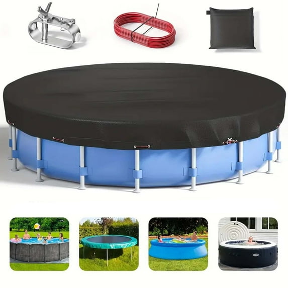 18Ft Round Pool Cover, Solar Pool Covers for Above Ground Pools, 420D Inflatable Pool Cover Protector with Steel Rope, Increase Stability Ground Swimming Pools, UV Resistant, Waterproof Dustproof