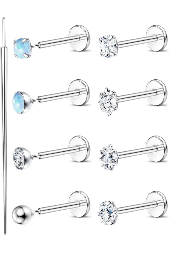 18G/16G Threadless Flat Back Stud Earrings for Women Hypoallergenic Surgical Steel Tiny Cartilage Tragus Helix Piercing Jewelry Push in CZ Opal Nose Stud Rings(1.0mm(18G)- bar length: 8mm)[s6550]