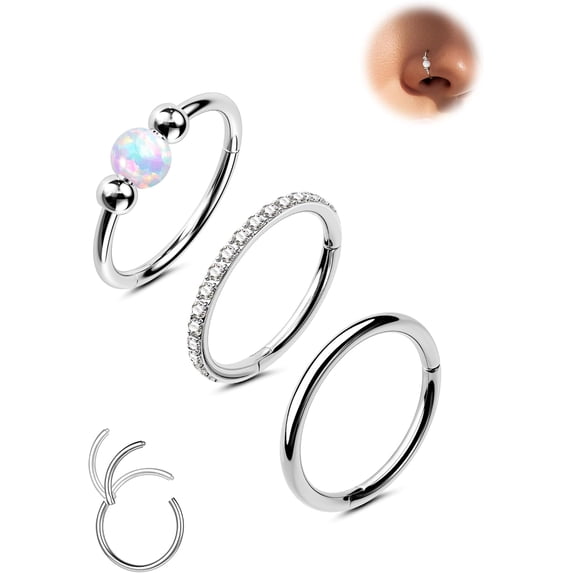 18G 3PCS Nose Rings Hoops 316L Surgical Steel Opal Nose Rings for Women 8mm/10mm Septum Rings Clear CZ Daith Helix Tragus Conch Piercing Jewelry Cartilage Earring