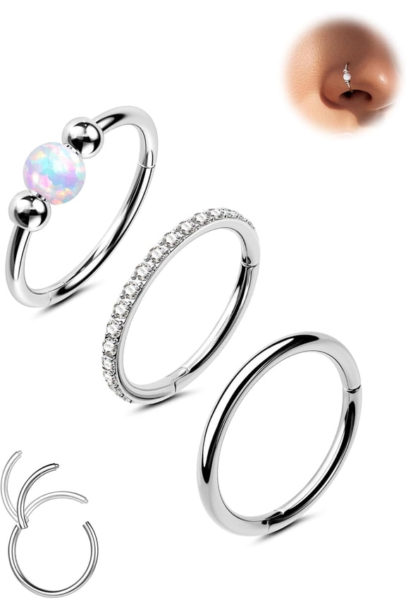 18G 3PCS Nose Rings Hoops 316L Surgical Steel Opal Nose Rings for Women 8mm/10mm Septum Rings Clear CZ Daith Helix Tragus Conch Piercing Jewelry Cartilage Earring