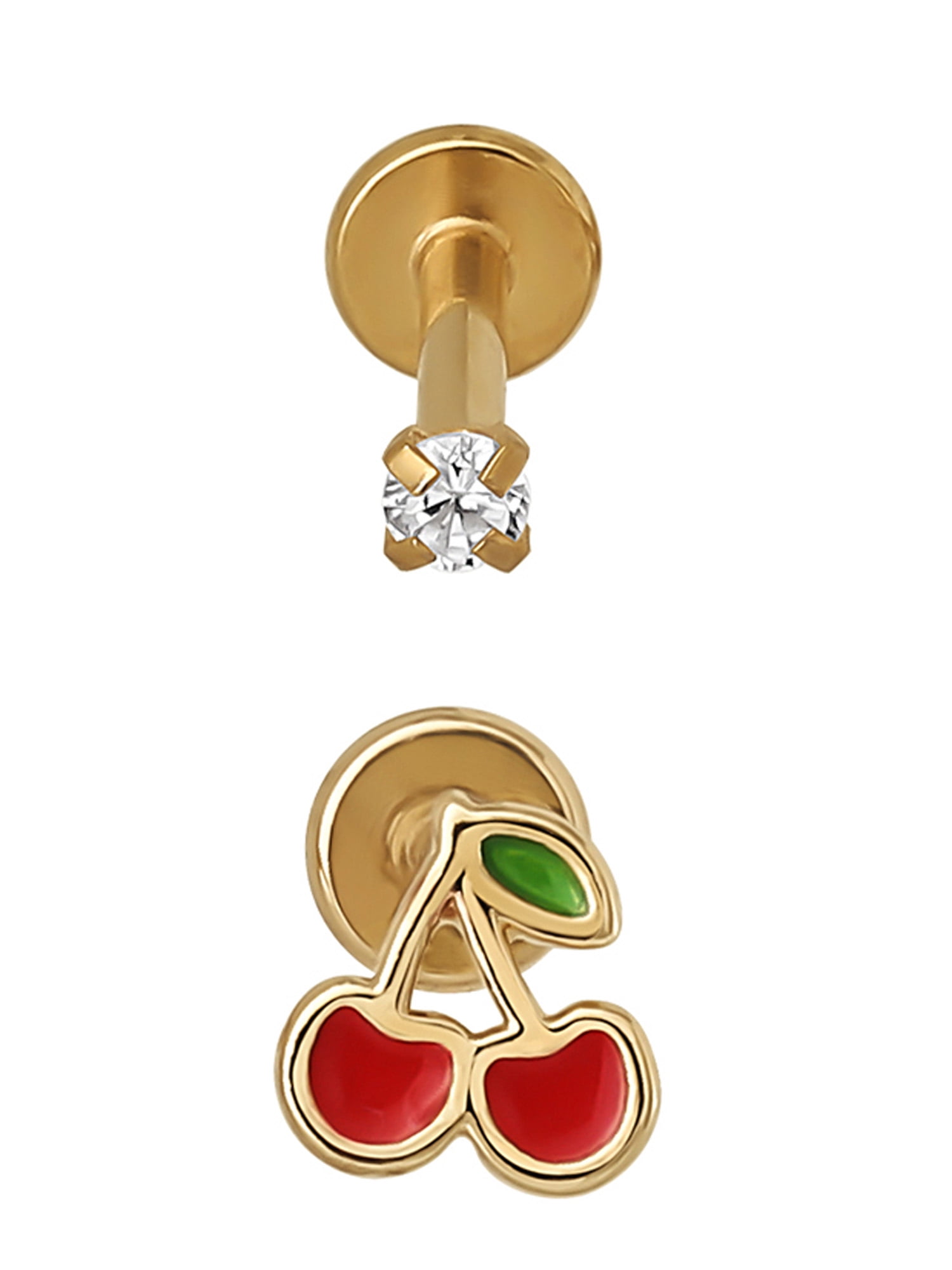 No Boundaries Women's Gold Tone Stainless Steel Cherry and Cubic Zirconia Flatback Cartilage Earrings, 2 Piece Set