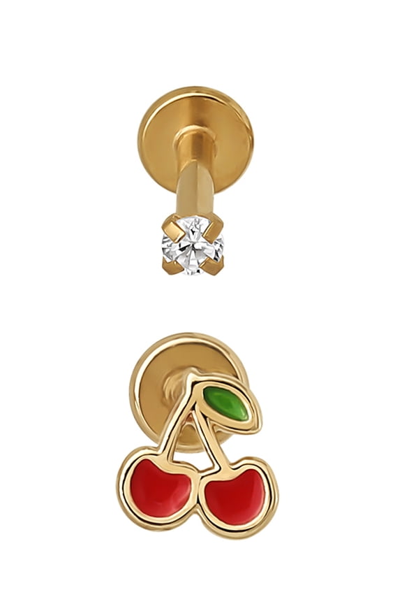 Women's Gold Tone Stainless Steel Cherry and Cubic Zirconia Flatback Cartilage Earrings, 2 Piece Set