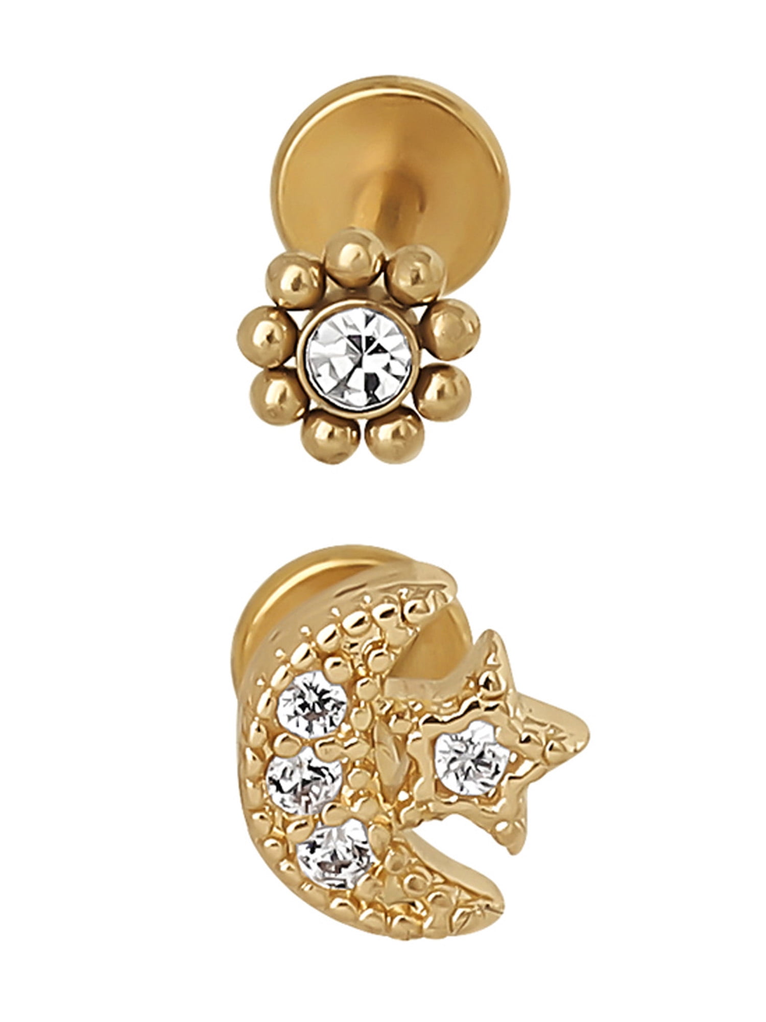 No Boundaries Gold Tone Stainless Steel Moon Flatback Cartilage Earrings, 2 Piece Set