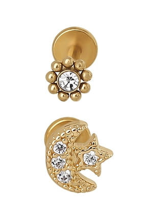 Gold Tone Stainless Steel Moon Flatback Cartilage Earrings, 2 Piece Set