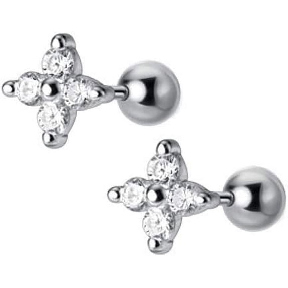 18G Cubic Zirconia Mini Flower Stud Earrings S925 Sterling Silver Fashion CZ Crystal Cartilage Ball Earring Screw Back Helix Tragus Piercing Jewelry for Women Hypoallergenic