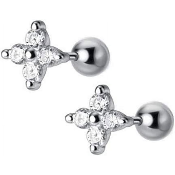 18G Cubic Zirconia Mini Flower Stud Earrings S925 Sterling Silver Fashion CZ Crystal Cartilage Ball Earring Screw Back Helix Tragus Piercing Jewelry for Women Hypoallergenic