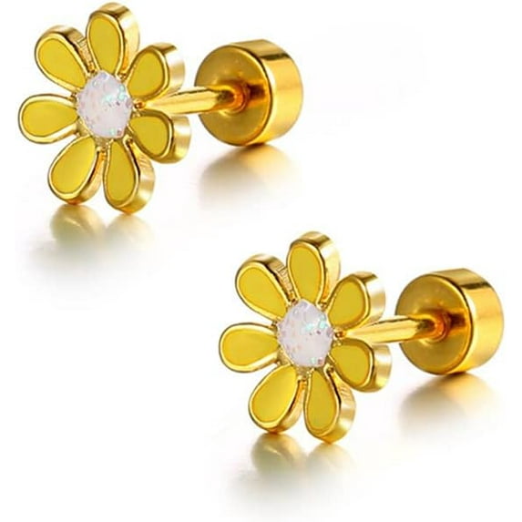 18G Cute Daisy Flower Stud Cartilage Earrings for Women Girls 14K Gold Plated Stainless Steel Enameled Dainty Screw Back Studs Sleeper Tragus Post Hypoallergenic Piercing Body Jewelry