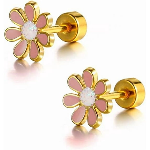 18G Cute Daisy Flower Stud Cartilage Earrings for Women Girls 14K Gold Plated Stainless Steel Enameled Dainty Screw Back Studs Sleeper Tragus Post Hypoallergenic Piercing Body Jewelry