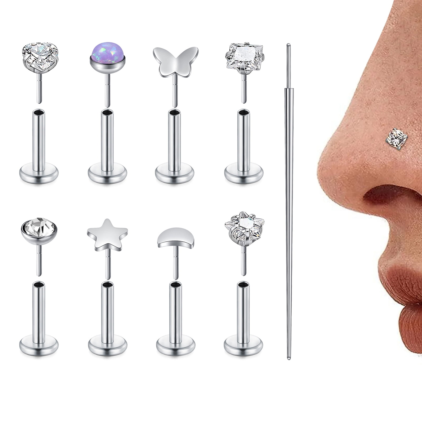 Piercing Labret Titane 20G Push-in - Zircone 4 Mm - Lèvre, Tragus, Hélix, Conque, Lobes - 5 à 12 Mm