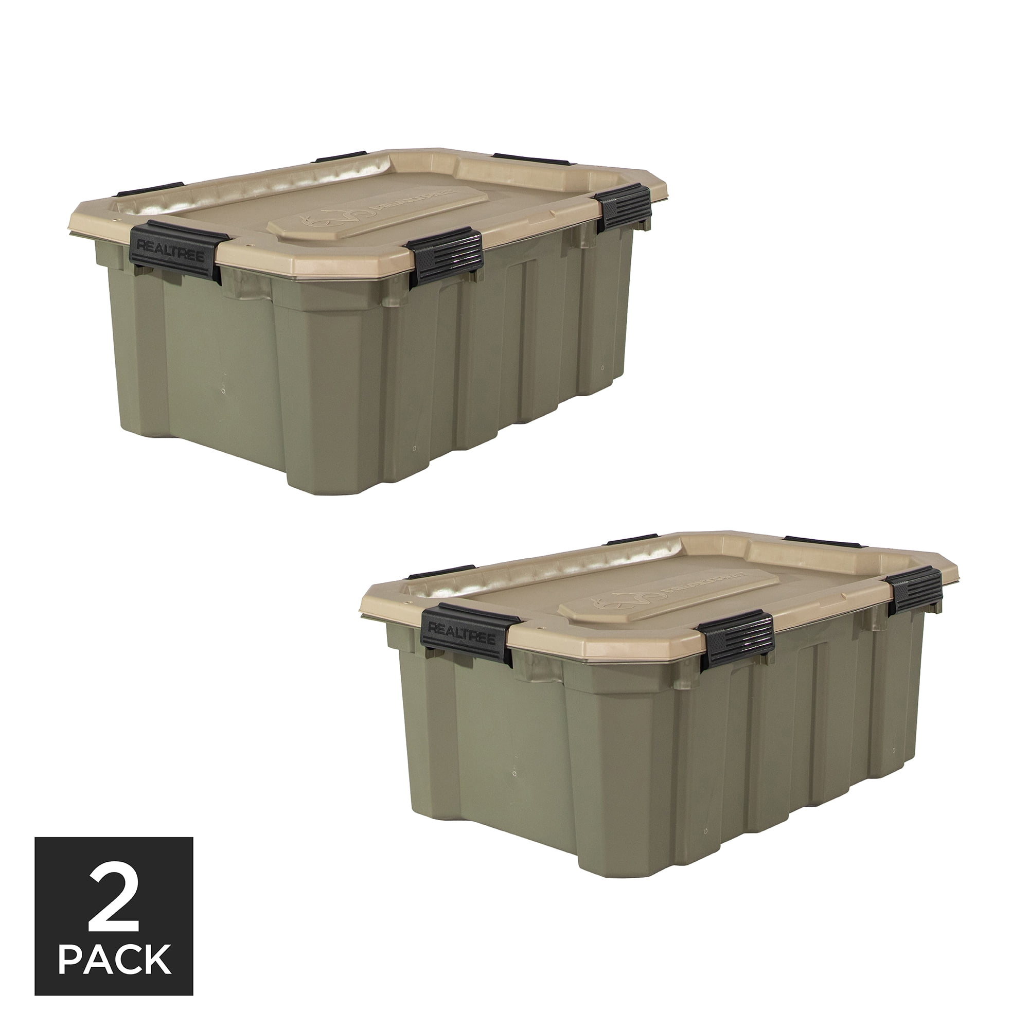 Realtree® WEATHERMAX™ 18 Gallon Green and Tan Storage Tote with Latching Lid, Heavy Duty Plastic Storage Bin, Pack of 2