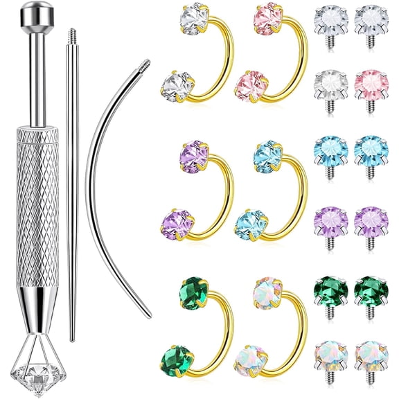 18G Horseshoe Nose Rings, Surgical Steel Double Gem Half Hoop Piercing, Internally Threaded for Cartilage Helix Tragus Eyebrow Lip Nose, Silver & Gold,Gold