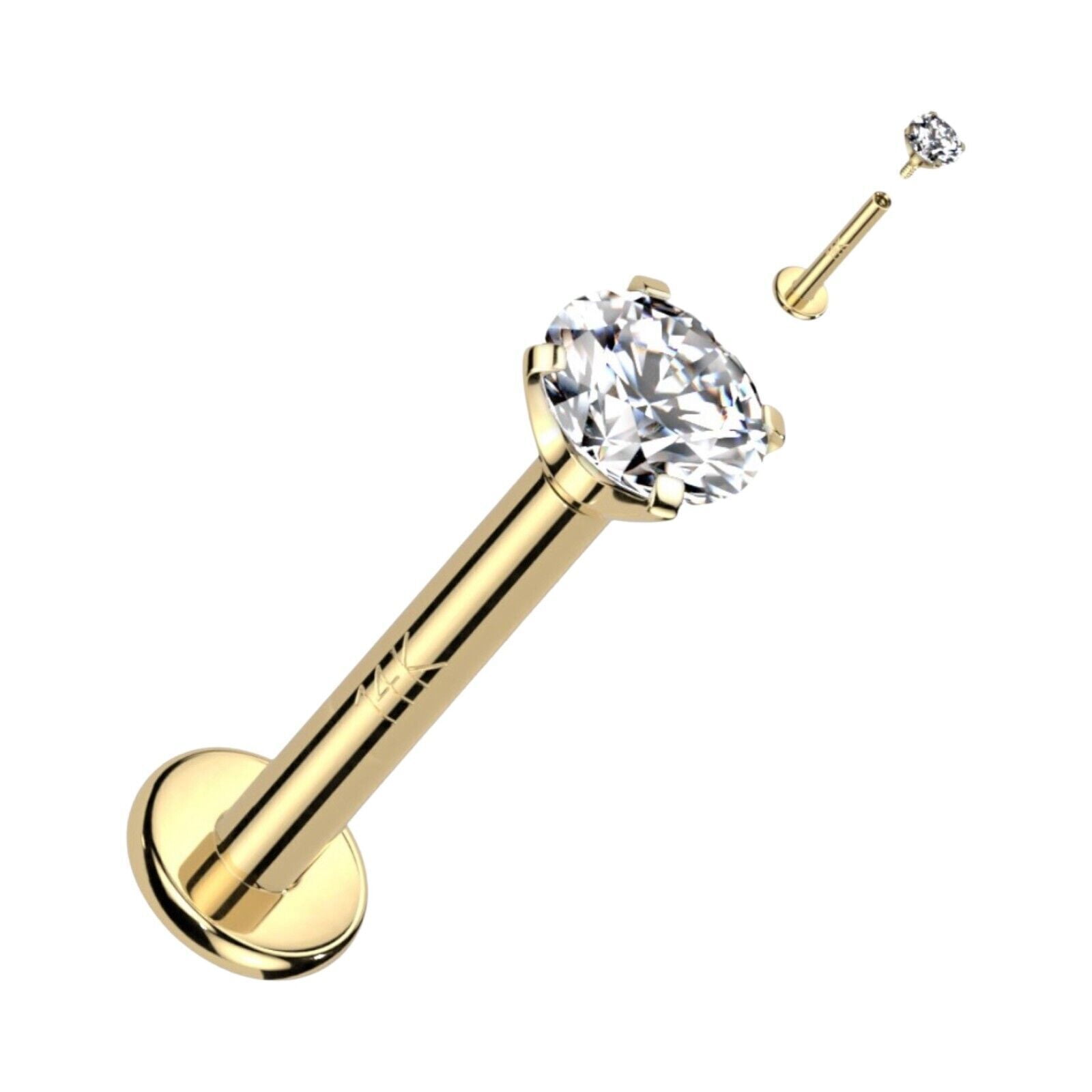 18G Internally Treaded Lip Labret Ear Stud Natural Diamond 14K Yellow Gold