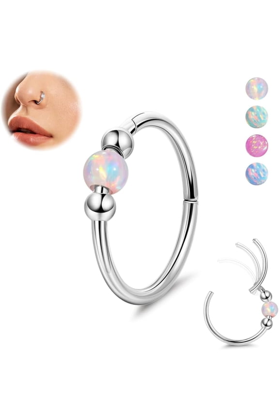 18G Nose Ring for Women Opal Nose Hoop Hypoallergenic Clicker Septum Nose Ring Hinged Segment Daith Helix Cartilage Tragus Hoop 8/10mm