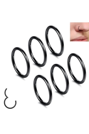 18G Nose Rings,6 Pcs Hoop Septum Clicker,Hinged Segment Ring,Lip Ear Piercing Earrings for Cartilage Helix Tragus Conch Rook,Stainless Steel Inner Diameter 6mm to 10mm(Black)