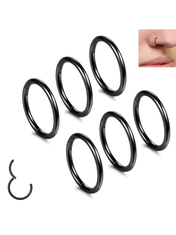 18G Nose Rings,6 Pcs Hoop Septum Clicker,Hinged Segment Ring,Lip Ear Piercing Earrings for Cartilage Helix Tragus Conch Rook,Stainless Steel Inner Diameter 6mm to 10mm(Black)