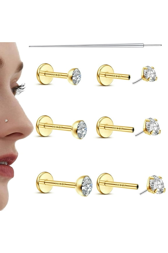 18G Nose Rings Studs for Women Men - 14K Gold Filled Flat Back Nose Studs Nose Ring Hoops Hypoallergenic Surgical Steel Threadless Push in CZ Helix Tragus Conch Nostril Cartilage Piercing Jewelry