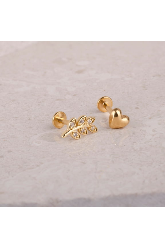 18G Surgical Steel Leaf Flat Back Labret Stud, cartilage helix, tragus, conch, nose piercing, screw in nap earring