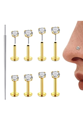18G Threadless Nose Studs CZ Nose Rings for Women Men Push Pin Lip Stud Rings Flat Back Earrings