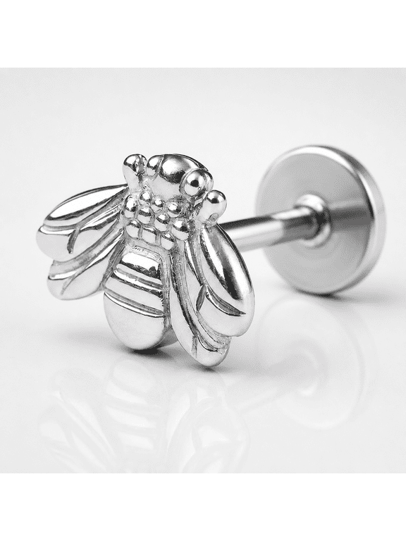 18G Titanium Bee Flat Back Stud Earrings, Silver, Threadless Push-In Labret for Cartilage Tragus Helix Nose, 1 Pair
