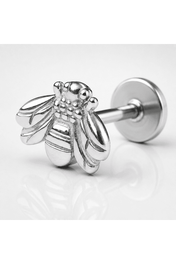 18G Titanium Bee Flat Back Stud Earrings, Silver, Threadless Push-In Labret for Cartilage Tragus Helix Nose, 1 Pair