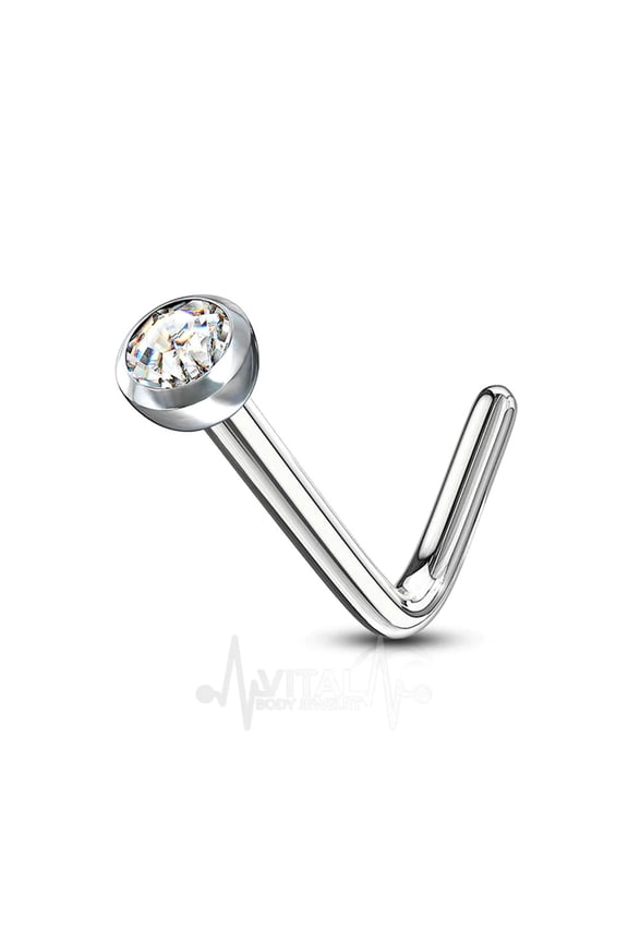 18G and 20G L Shaped Nose Ring Stud, 2mm Cubic Zirconia Clear Gem, Surgical Steel