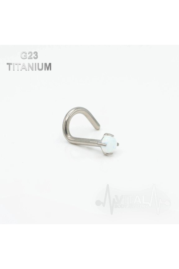 18G and 20G Opal Corkscrew Nose Ring, G23 Titanium, 2.5 MM Prong Set | Vital Body Jewelry