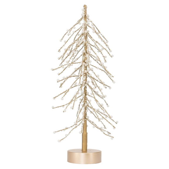 My Texas House Light-Up Beaded Tree Christmas Decoration, White and Gold, 18.5"