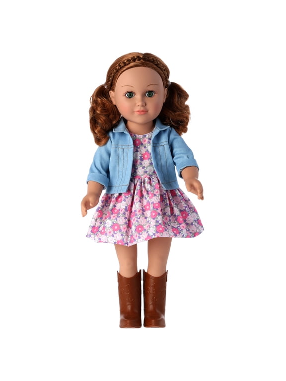 Peyton 18-inch Posable Fashion Doll with Red Hair, Green Eyes, Floral Dress, Denim Jacket & Boots