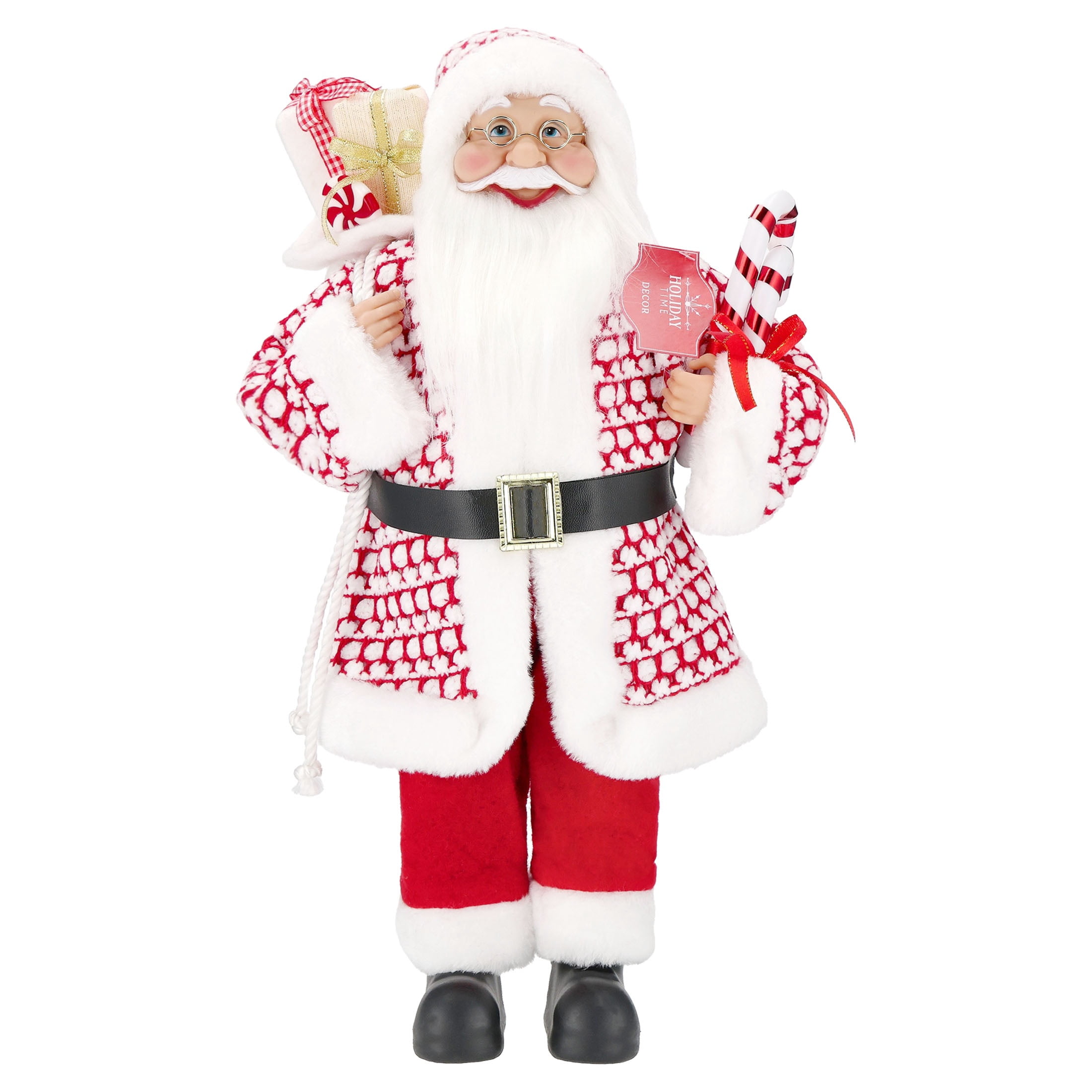 Santa with Glasses, Candy Cane and Gift Sack Christmas Decoration, Red and White, 18", by Holiday Time