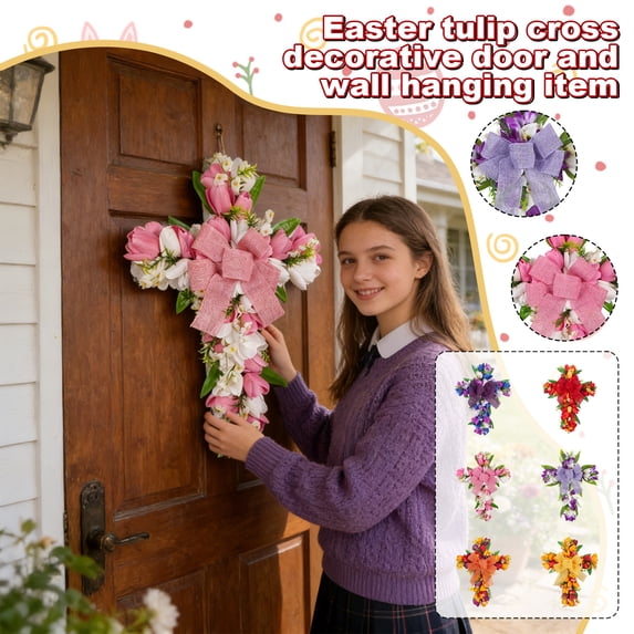 18In Tulip Cross Easter Front Door Bow, Simulation Flower Decoration, Door Wall Pendant, Faux Floral Sign for Porch Entryway Holiday Seasonal Greeting Display, Orange