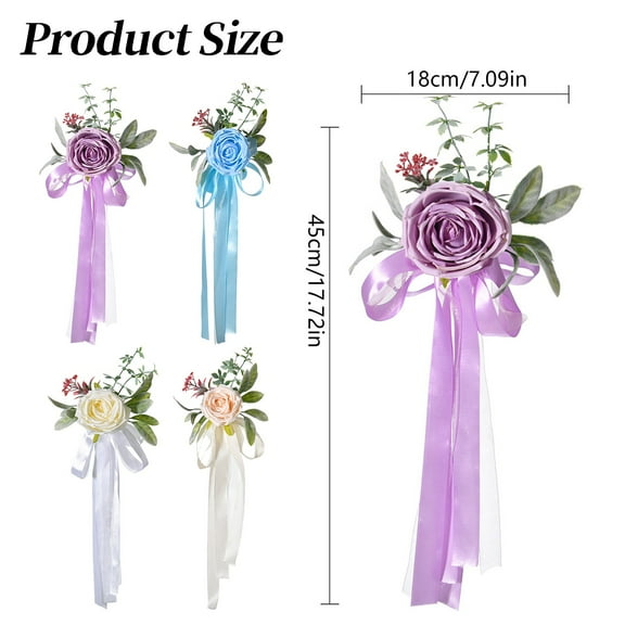 18In Wedding Chair Back Flower Bouquet, Artificial Silk Roses & Greenery Sash for Aisle Decor, Photography Prop, Rustic Outdoor Ceremony, 45Cm Long Wedding Chair Back Ornaments*6