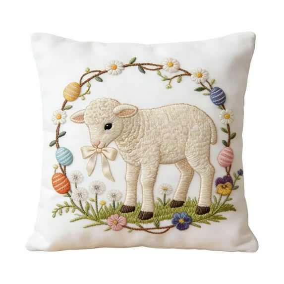 18Inch Embroidered Easter Lamb Pillow Cover with Floral Wreath and Eggs, Spring Decorative Throw Cushion for Sofa or Bedroom