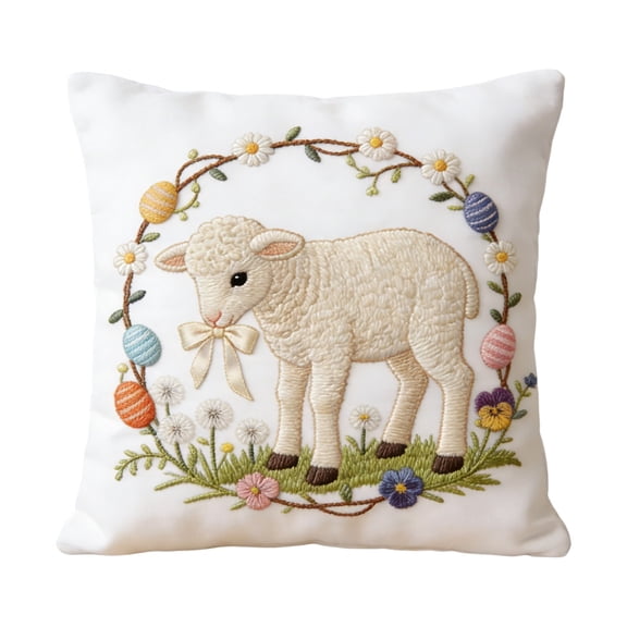 18Inch Embroidered Easter Lamb Pillow Cover with Floral Wreath and Eggs, Spring Decorative Throw Cushion for Sofa or Bedroom