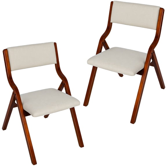 Foldable Padded Chairs Set of 2 with Solid Wood Frame, Beige