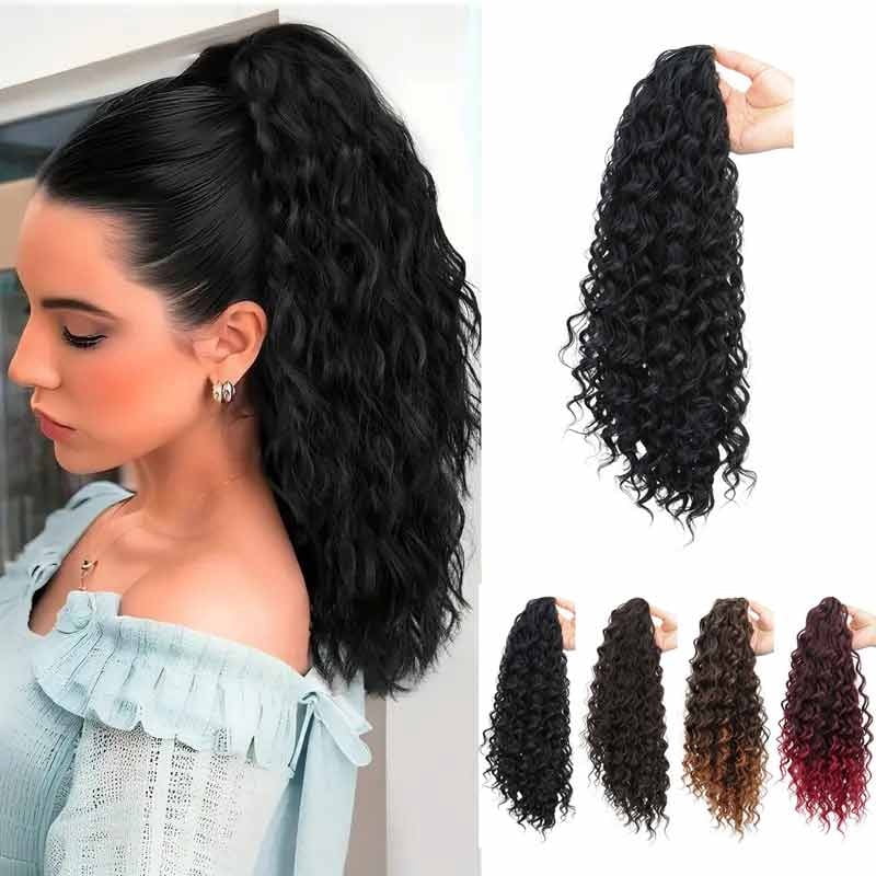 18Inch Long Water Wave Ponytail Extension Curly Drawstring Pony Tail Clip in Synthetic Hair Piece for Women