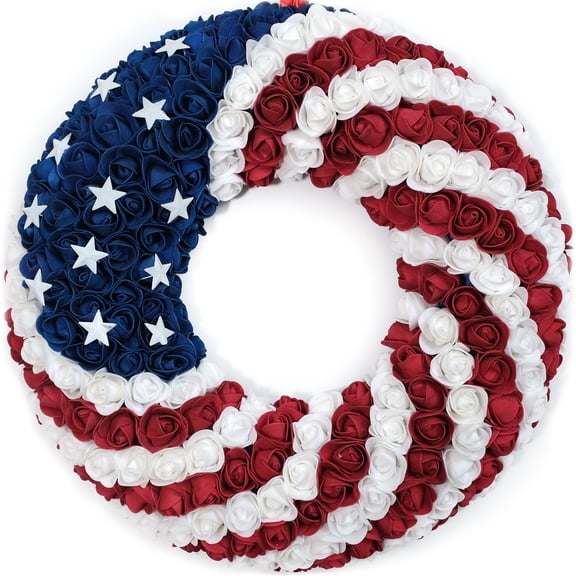 Idyllic Decorative Soft Touch Foam Patriotic Roses Artificial Wreath, Blue, 1