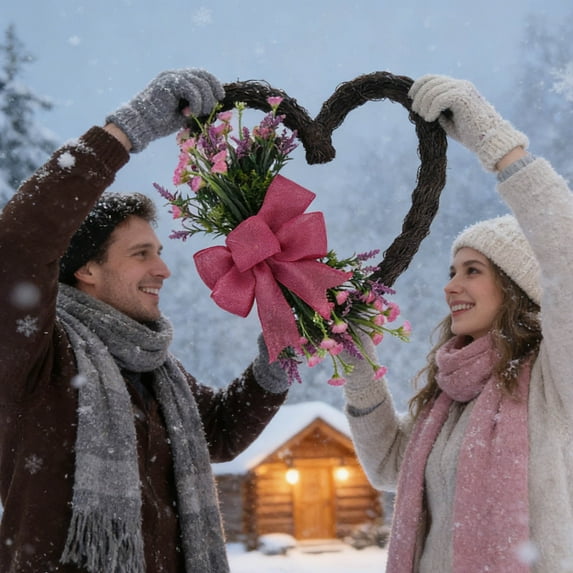 18Inch Valentine's Day Wreaths, Heart Shaped Door Decoration Spring Decor Front Door Sign with Ribbon Bow,Artificial Wedding Garland for Indoor and Outdoor Use