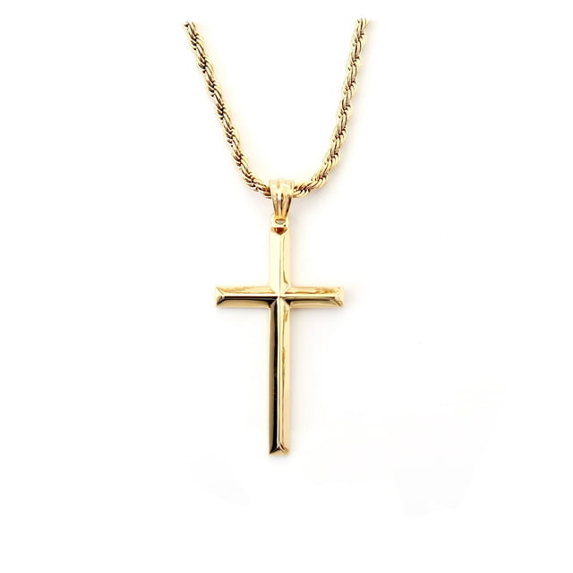 18K Beveled Edge Gold Cross Pendant Necklace For Men Gold Plated 18k-beveled-edge-gold-cross-pendant-necklace-for-men-gold-plated