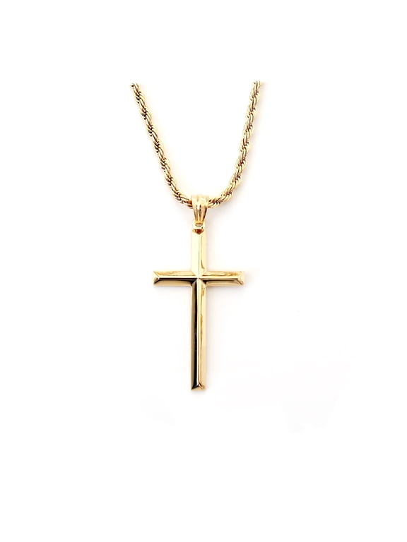 18K Beveled Edge Gold Cross Pendant Necklace for Men, Gold plated Necklace for Women. 3MM Rope Chain Fashion Jewelry Pendant