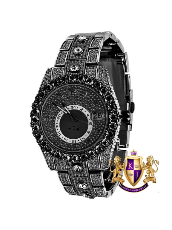 18K Black Gold Finish Simulated Diamond Solid Steel Back Solitaire Bezel & Band Men's Watch 40mm W/Date Function