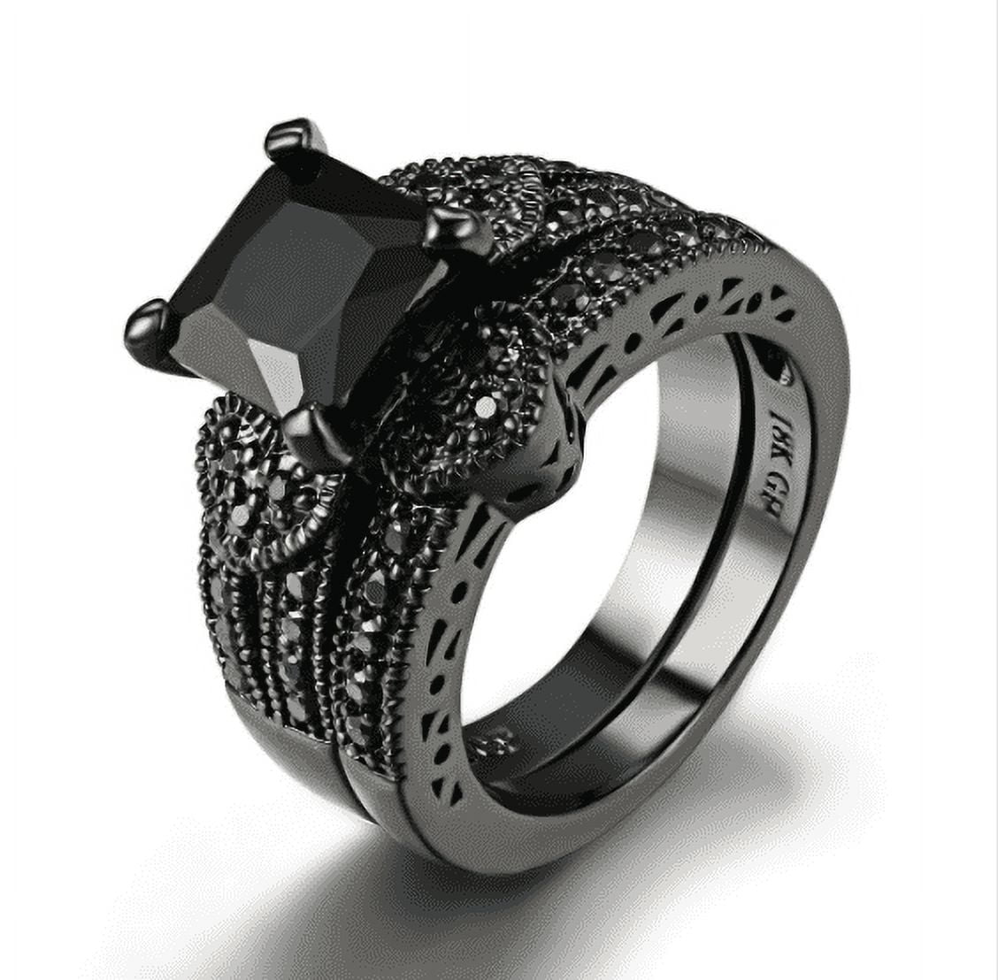 18K Black Gold Plated Twilight Hearts 3CT Princess Cut Black CZ Solitaire Engagement Ring Set for Woman Special Occasion Bridal Birthday Holiday