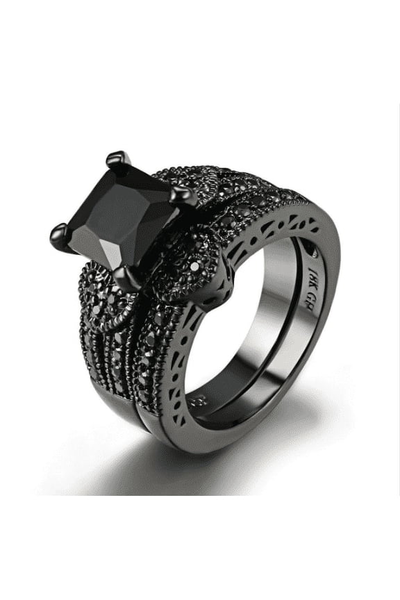 18K Black Gold Plated Twilight Hearts 3CT Princess Cut Black CZ Solitaire Engagement Ring Set for Woman Special Occasion Bridal Birthday Holiday