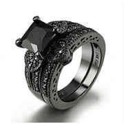 18K Black Gold Plated Twilight Hearts 3CT Princess Cut Black CZ Solitaire Engagement Ring Set for Woman Special Occasion Bridal Birthday Holiday