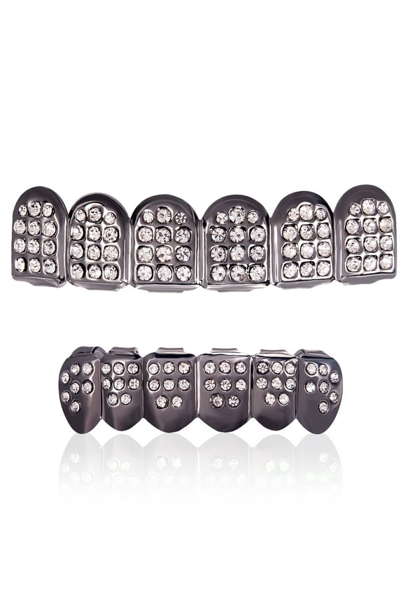 18K Custom Grillz Teeth Mouth Caps Top Bottom Black Plated Bling Grills Fangs Set