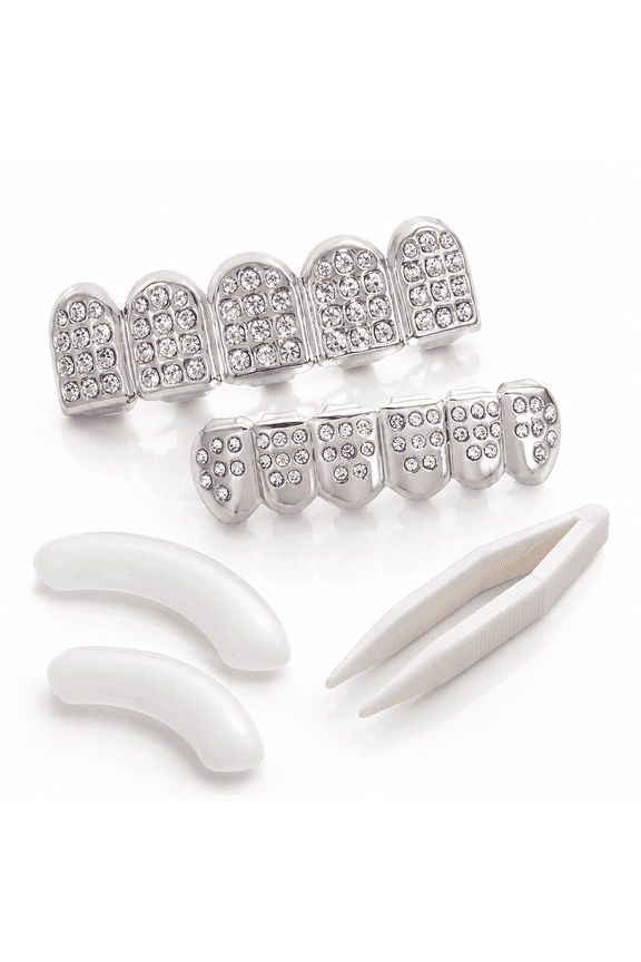 18K Custom Grillz Teeth Mouth Caps Top Bottom Silver Plated Bling Grills Fangs Set