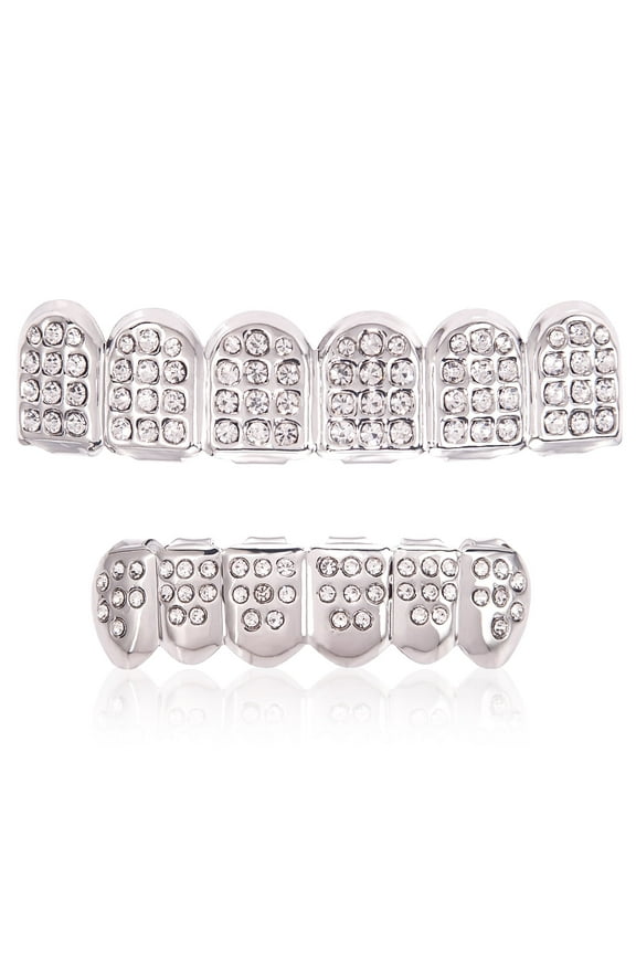 18K Custom Grillz Teeth Mouth Caps Top Bottom Silver Plated Bling Grills Fangs Set