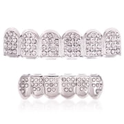 18K Silver Plated Grillz Teeth Set for Men Women, Custom Fit Top & Bottom Mouth Caps, Hip Hop Party Costume Jewelry with Molding Bars