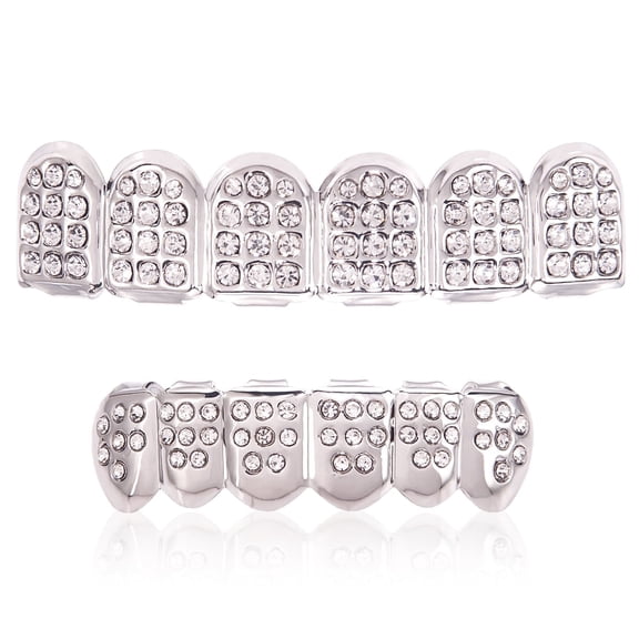 18K Silver Plated Grillz Teeth Set for Men Women, Custom Fit Top & Bottom Mouth Caps, Hip Hop Party Costume Jewelry with Molding Bars